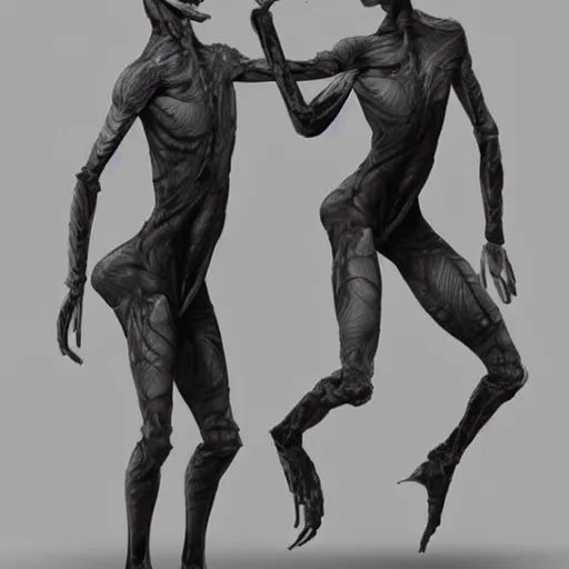 Prompt: Two elegant humanoid creatures fused at the shoulders dancing on their pointy limbs, high quality digital art, trending on ArtStation