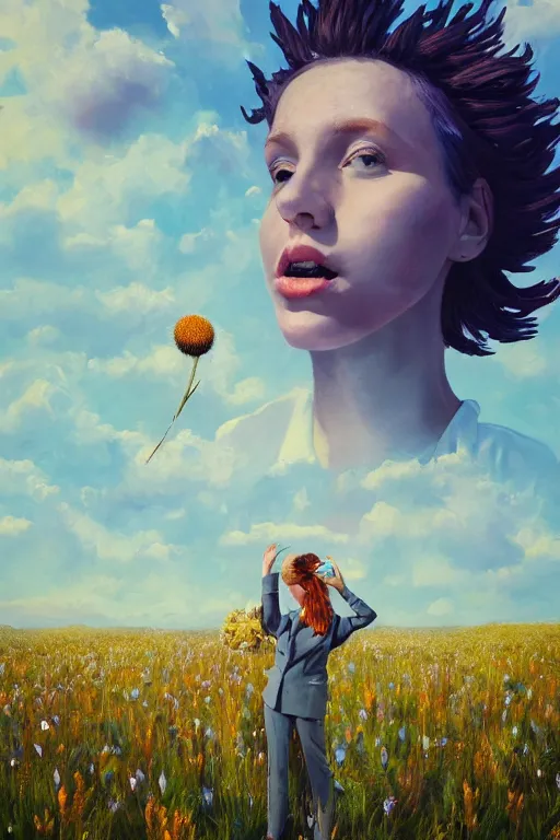 Image similar to portrait, enormous thistle flower under the head, a girl in a suit in field of flowers, surreal photography, sunrise, blue sky, dramatic light, impressionist painting, digital painting, artstation, simon stalenhag