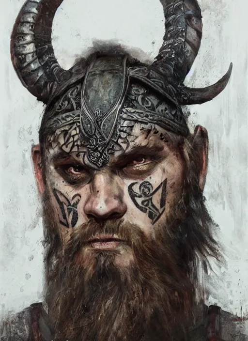 Image similar to portrait painting of viking berserker with celtic face tattoos wearing a dinosaur headdress, by jeremy mann, only one head single portrait