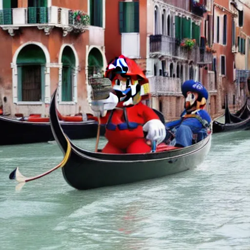 Prompt: Mario as a gondola driver driving Daisy and Luigi through Venice