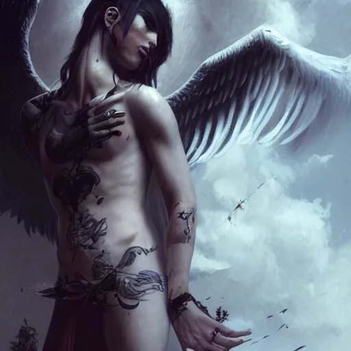 Prompt: very attractive beautiful androgynous fallen angel with shaved head on one side and with tattoos on his body falling through the sky, beautiful, hd, high detailed, 4 k, art by greg rutkowski