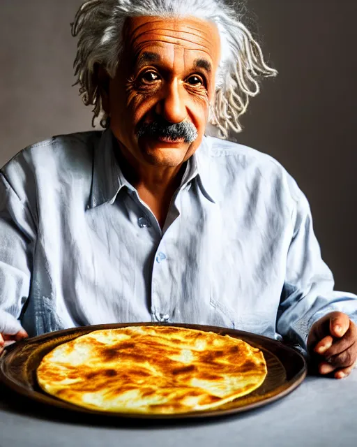 Prompt: a portrait of albert einstein sitting at the dining table with a plate containing kerala parotta in front of him, highly detailed, trending on artstation, bokeh, 9 0 mm, f / 1. 4