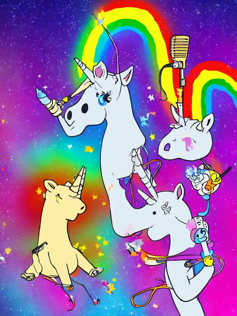 Image similar to a cartoon rainbow beat boxing unicorn on stage holding a microphone