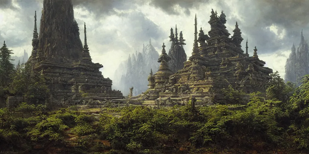 Image similar to a alien lost temple, by ivan shishkin, by james gurney, detailed, atmospheric, 8 k