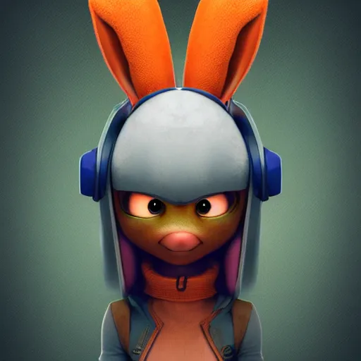 Prompt: portrait of a super cute cyberpunk bunny, a carrot, pixar, zootopia, cgi, blade runner. trending on artstation