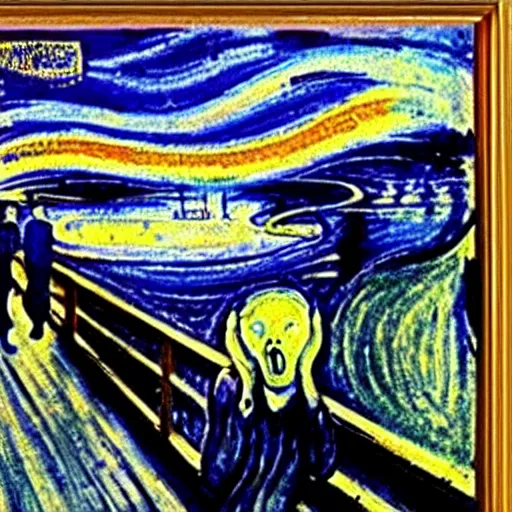 Image similar to painting of edvard munch's the scream with van gogh's the starry night in the background, detailed