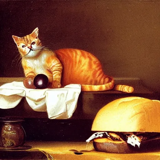 Prompt: Cat eating a big sandwich by Rembrant, oil painting