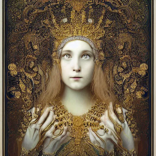 Image similar to a beautiful girl made of ivory and gold, highly intricate, digital art, very detailed, in the style of a weird and dark art noveau flemish painting, by gustave doré