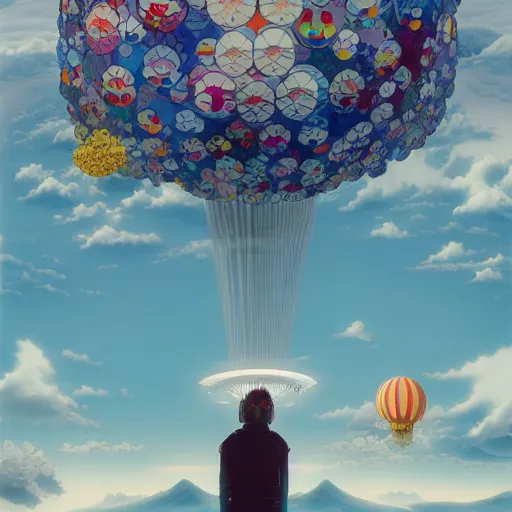 Image similar to a man walking on clouds above kyoto by takashi murakami, beeple and james jean, aya takano color style, 4 k, super detailed