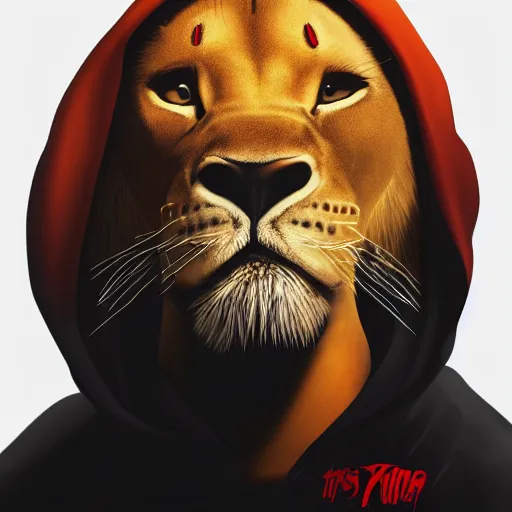 Prompt: young simba like a human, dressed a black hoodie, portrait, digital art, ultrarealistic, artstation, 8k, hyperdetalied, high quality, high render