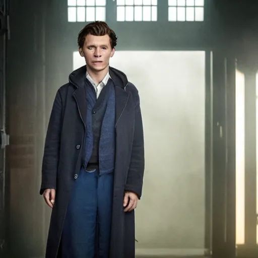 Image similar to tom holland as a rough dirty old man with a scruffy beard in a dark blue trenchcoat as the new doctor who, cinematic, volumetric lighting, f 8 aperture, cinematic eastman 5 3 8 4 film, photorealistic