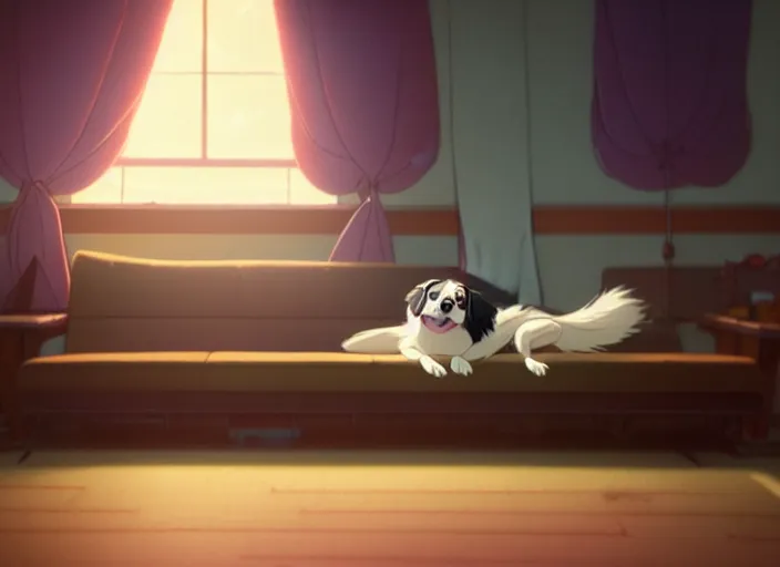Image similar to a wholesome animation key shot of an australian shepherd, sleeping on a leather couch, studio ghibli, pixar and disney animation, sharp, rendered in unreal engine 5, anime key art by greg rutkowski, bloom, dramatic lighting