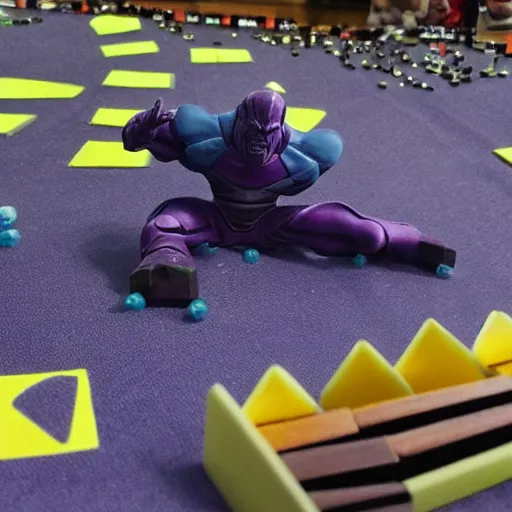 Prompt: photo of thanos playing domino rally