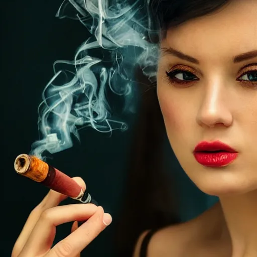 Prompt: the most beautiful woman in the world smoking a pipe. sharp colour photograph. soft lighting. depth of field. trending on artstation.