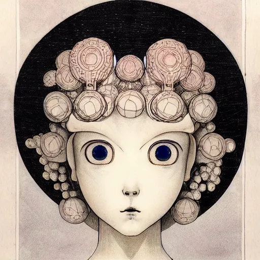 Image similar to prompt: Fragile looking vessel portrait face drawn by Katsuhiro Otomo, inspired by Carlo Dolci, magical and alchemical objects on the side, soft light, white background, intricate detail, intricate ink painting detail, sharp high detail, manga and anime 2000