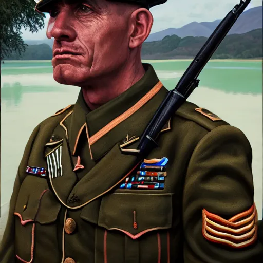 Prompt: A Hearts of Iron IV portrait of a soldier in front of a river. Highly detailed, fine Art, high detail, great lighting, 8k resolution, masterpiece, concept art, illustration, clear eyes, painting oil on canvas, octane render, HDR, trending on artstation, 4k, 8k, HD