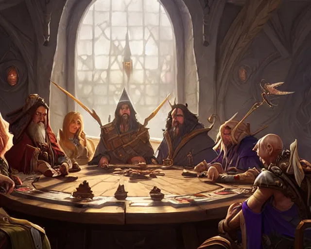 Image similar to a group of wizards gathered around a round table discussing political matters, d & d, fantasy, intricate, elegant, highly detailed, digital painting, artstation, concept art, matte, sharp, illustration, hearthstone, art by artgerm and greg rutkowski and alphonse mucha