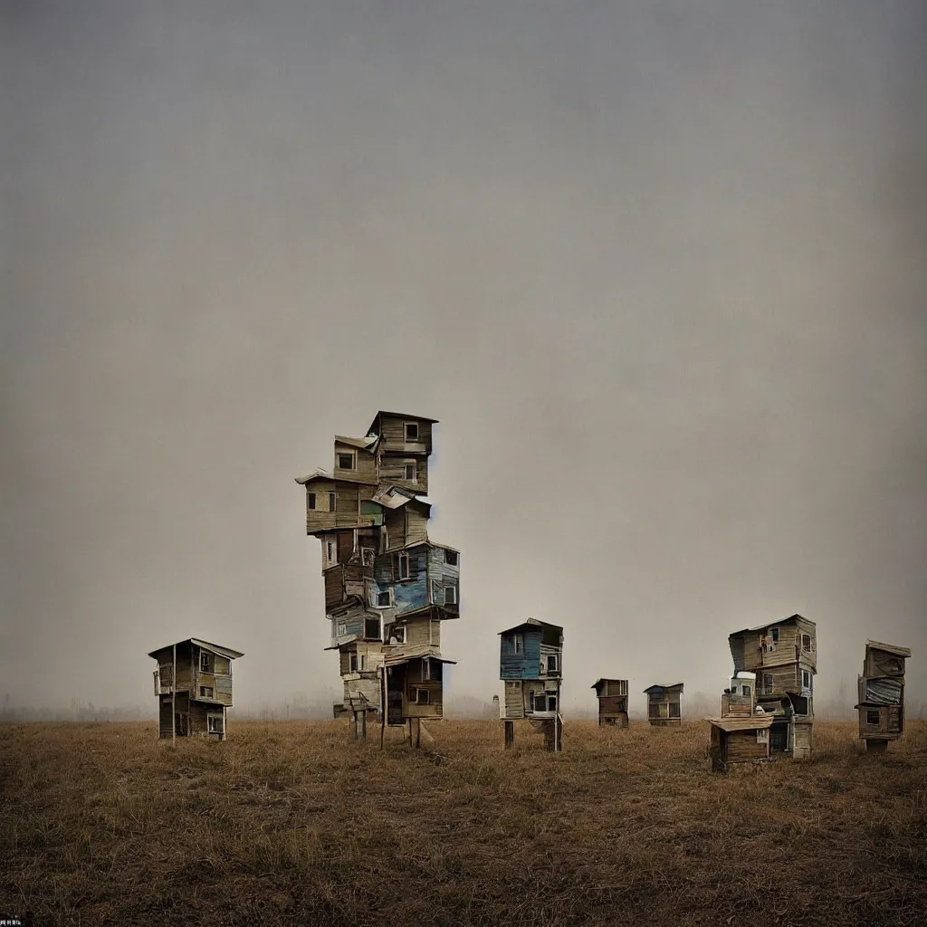 Image similar to towers made up of stacked makeshift squatter shacks with faded colours suspended over a quagmire, plain uniform sky at the back, misty, mamiya, ultra sharp, very detailed, photographed by julie blackmon, cristina de middel and john chiara