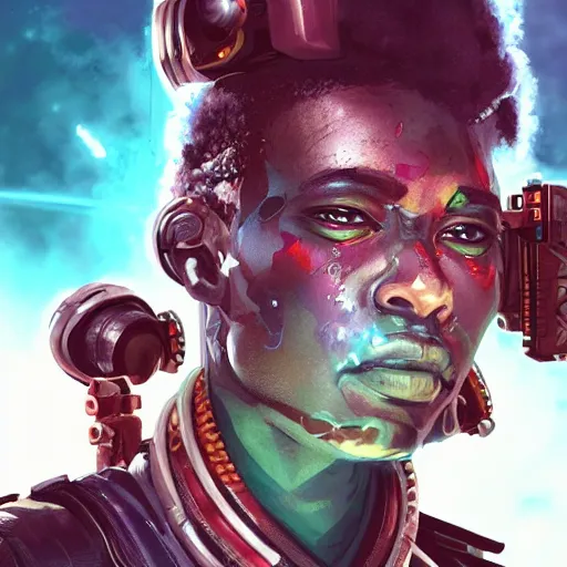 Image similar to a menacing somali space pirate with ruby eyes, Apex Legends character digital illustration portrait design, by android jones, detailed, cinematic lighting, wide angle action dynamic portrait