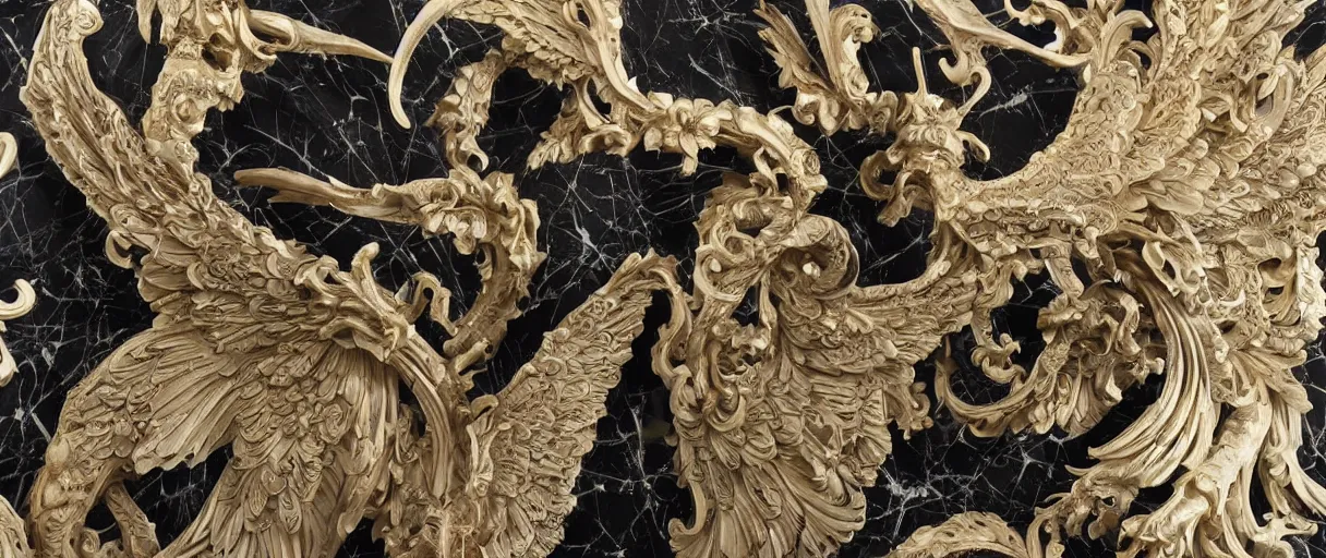 Prompt: carved black marble mechanical sculpture wearing hard surface armour, subtle gold accents, frontal view, ivory rococo, wings lace wear, hyper detailed, insane details, intricate