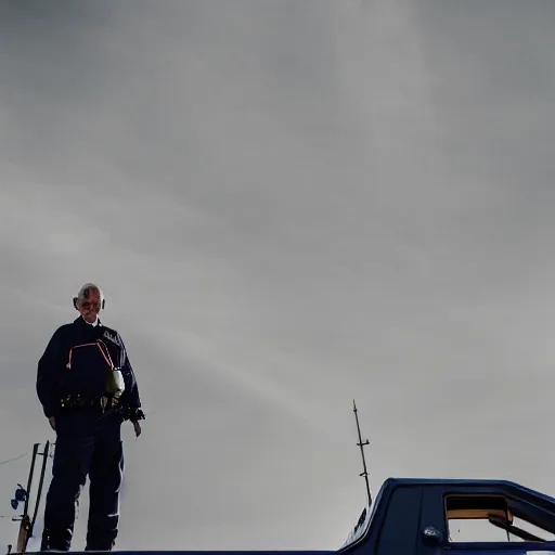 Image similar to an elderly man standing on the roof of a police car, canon eos r 3, f / 1. 4, iso 2 0 0, 1 / 1 6 0 s, 8 k, raw, unedited, symmetrical balance, wide angle