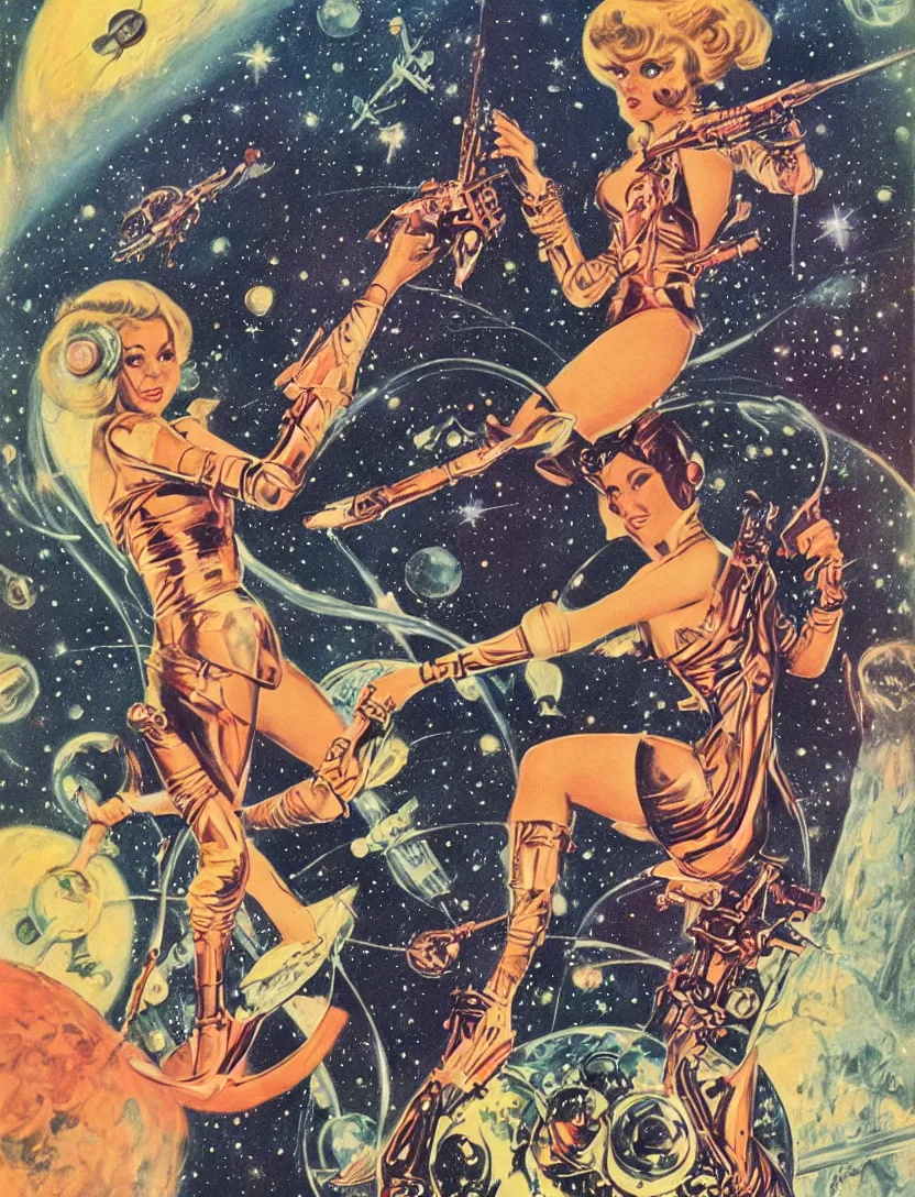 Prompt: Beautiful Barbarella as a badass space wizard in retro science fiction cover by Kelly Freas (1965), vintage 1960 print, vivid, detailed