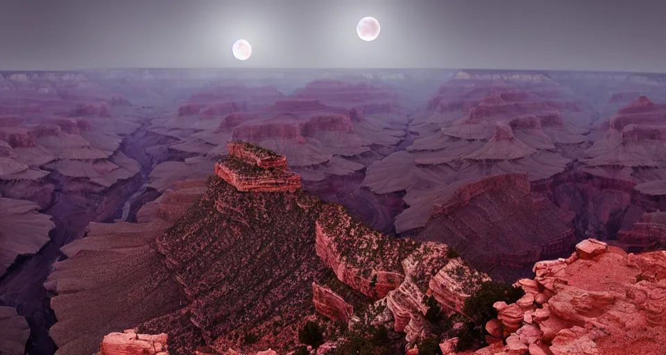 Image similar to The Grand Canyon at night during a Blood Moon Lunar Eclipse, evil, demonic, enchanting, misty, haze, clouds, angelic, flowers, nature, symmetry, environment concept, cinematic, Rendered in Octane, cgsociety, moody lighting rendered by octane engine, cinematic lighting, intricate details, 8k detail post processing, hyperealistic, photo realism, by Stephen King