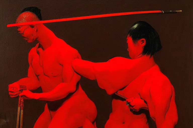 Image similar to only with red, a red samurai do seppuku, tokio, a lot of frogs watch, in the style of beksinski, parts by edward hopper, parts by rodcenko, parts by yue minjun, intricate and epic composition, red by caravaggio, insanely quality, highly detailed, masterpiece, red light, artstation, 4 k