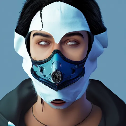 Image similar to a highly detailed, portrait of a man with black hair with a black medical mask, in a hood in the form of a blue shark with white teeth, artstation, DeviantArt, professional, octane render, digital art