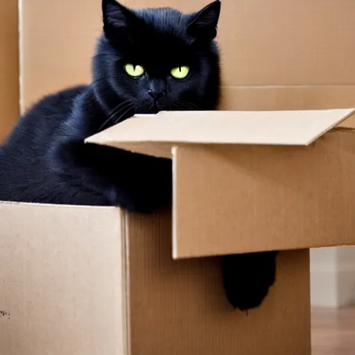 Prompt: fluffy black cat giant destroying boxes