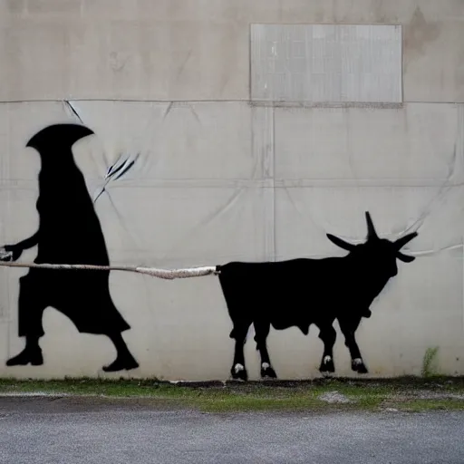 Image similar to a grim reaper walking a cow with a rope in the style of banksy