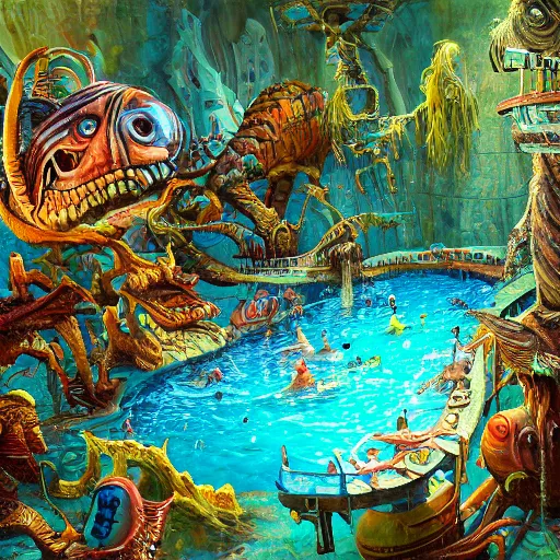 Image similar to the swimming pool of terror, on ancient post - apocalyptic planet, jim henson creature shop, vivid and colorful, thomas kincaid, cinematic, oil painting, highly detailed, illustration