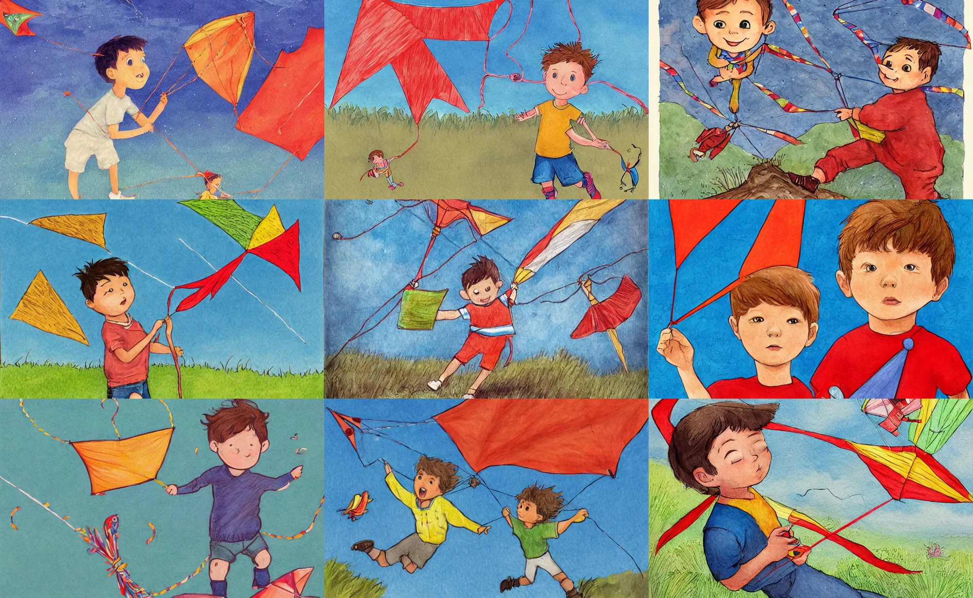 Prompt: children book illustration of boy with kite. zoomout. by beatrice blue, by julia sarda, by loish. classic, guache, crayons, traditional. artstation. behance. intricate.