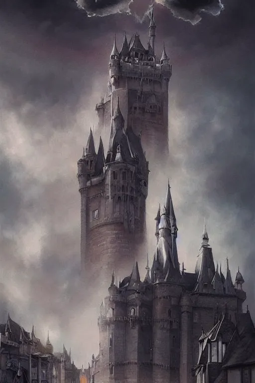 Image similar to By Tom Bagshaw and Boris Vallejo, ultra realist soft painting of a castle court by night, centered female princess fully dressed, horror, omnious sky, symmetry accurate features, very intricate details, fading rainbow light, black and white, volumetric light clouds, artstation, 8K