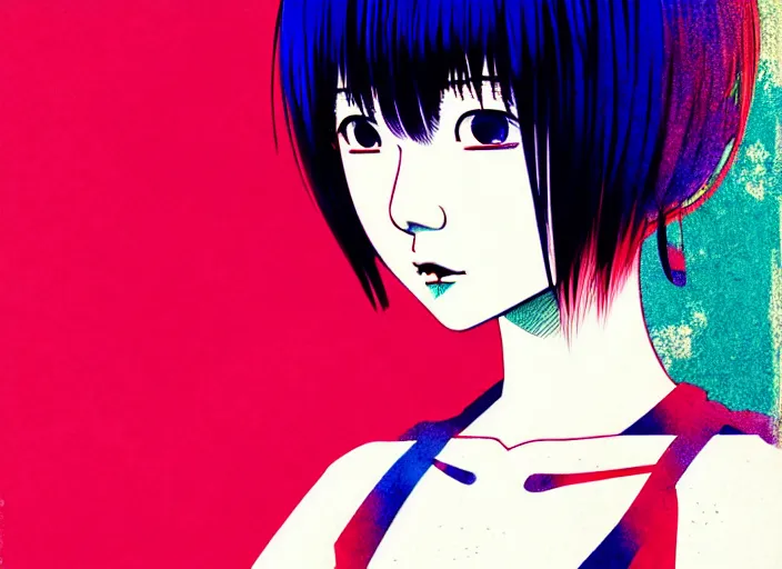 Image similar to editorial illustration colorful, anime portrait of shiina ringo, katsuhiro otomo, manga, ilya kuvshinov, fine texture, realistic shading, fine details, matte colors, film noir, dramatic lighting, dynamic composition, mucha, moody, vivid, volumetric, stippled lighting