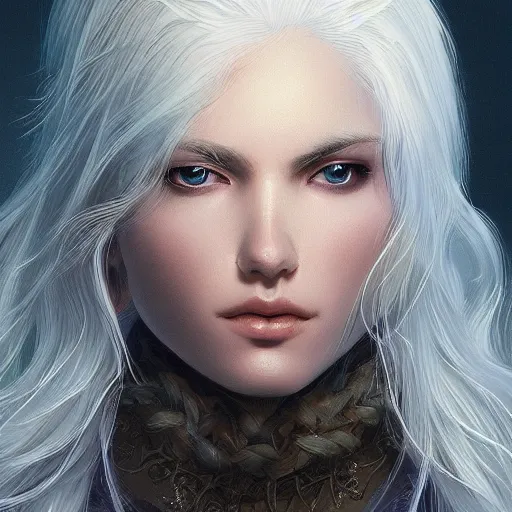 Image similar to god, young, white hair, long hair, intricate, ethereal, highly detailed, sharp focus, artstation, digital painting, by stanley lau and artgerm