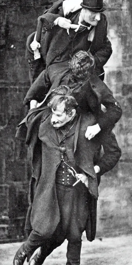 Image similar to Sherlock Holmes carrying Dr Watson on his back in the style of Sidney Paget