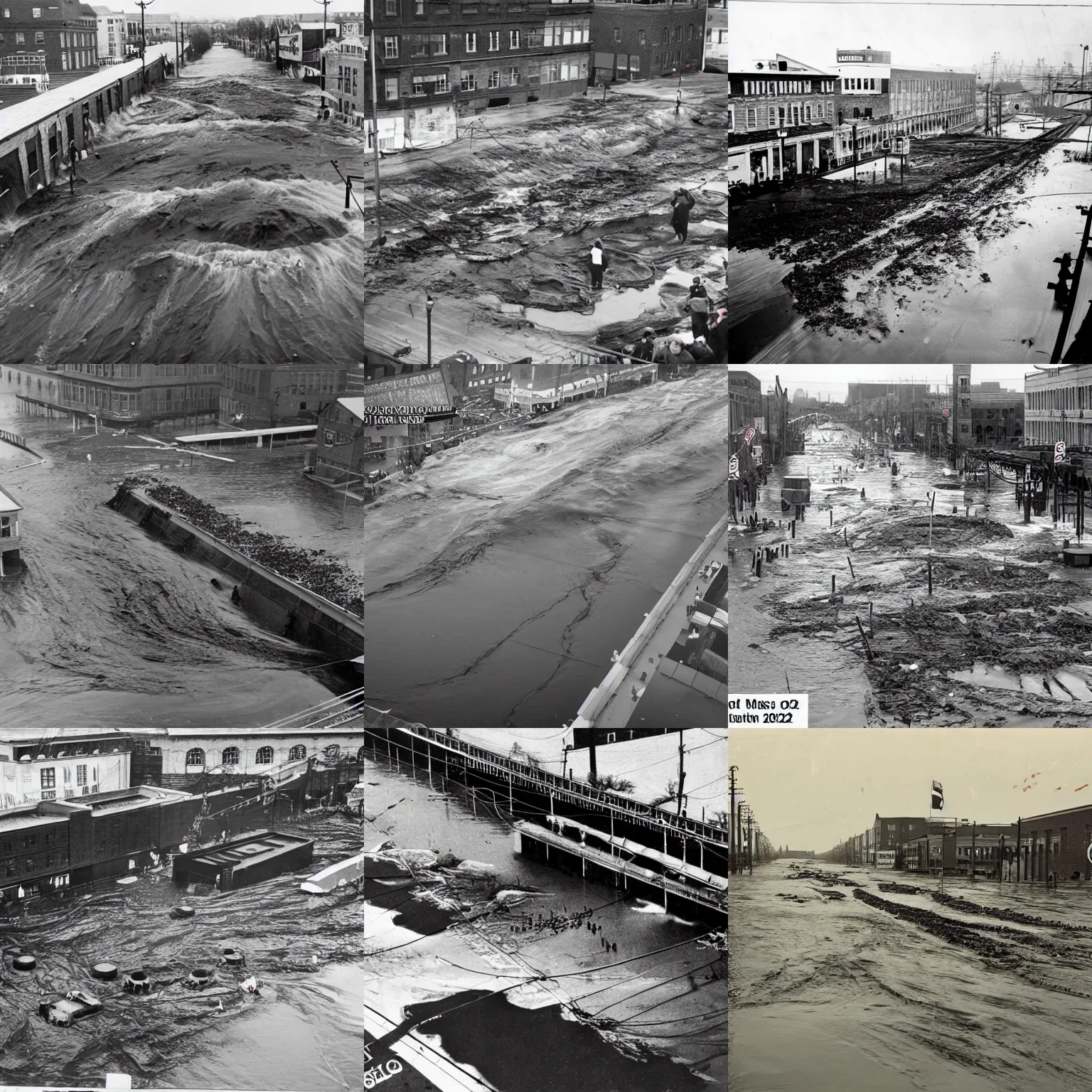 Prompt: 2 0 2 2 photo of the great molasses flood of 2 0 2 2, historical record, news broadcast