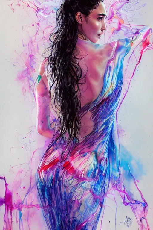 Image similar to gal gadot by agnes cecile enki bilal moebius, intricated details, 3 / 4 back view, full body portrait, extremely luminous bright design, pastel colours, drips, autumn lights