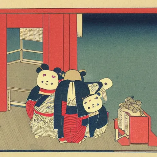 Prompt: Teddy Bear shopping, ukiyo-e