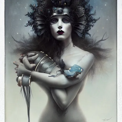 Prompt: By Tom Bagshaw, ultra realist soft painting of curiosities carnival by night, very beautiful cultist full bodysuit radiant blades, symmetry accurate features, very intricate details, ominous sky, black and white, volumetric light clouds