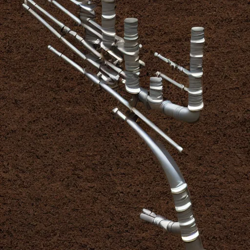 Image similar to a wind instrument made from a vertical arrangement of wide ceramic pipes in the shape of human vocal tracts blowing a pattern of vapour , soil landscape , 8k , octane , frontal view