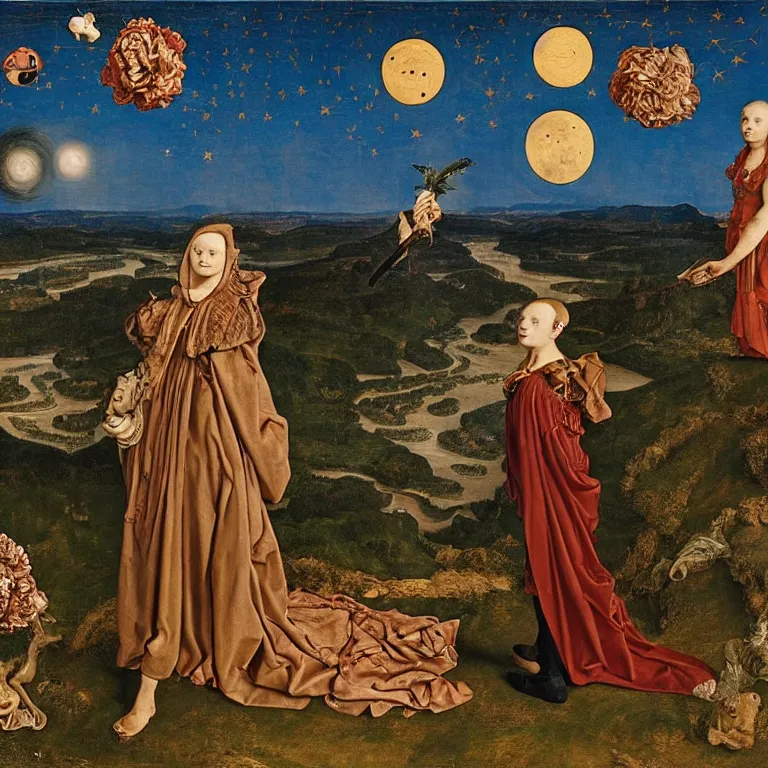 Image similar to a wide mountainous river valley with venus with snake skin and feathers holding up the sky while the stars look like flowers by jan van eyck, character, full body, max ernst, hans holbein, portrait, fashion editorial