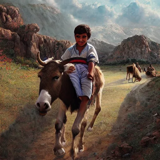 Image similar to a young boy kurdish shephard riding a donkey herding cows in the kurdish mountains art by martin ansin, highly detailed, 8 k, high resolution, award winning art, incredibly intricate