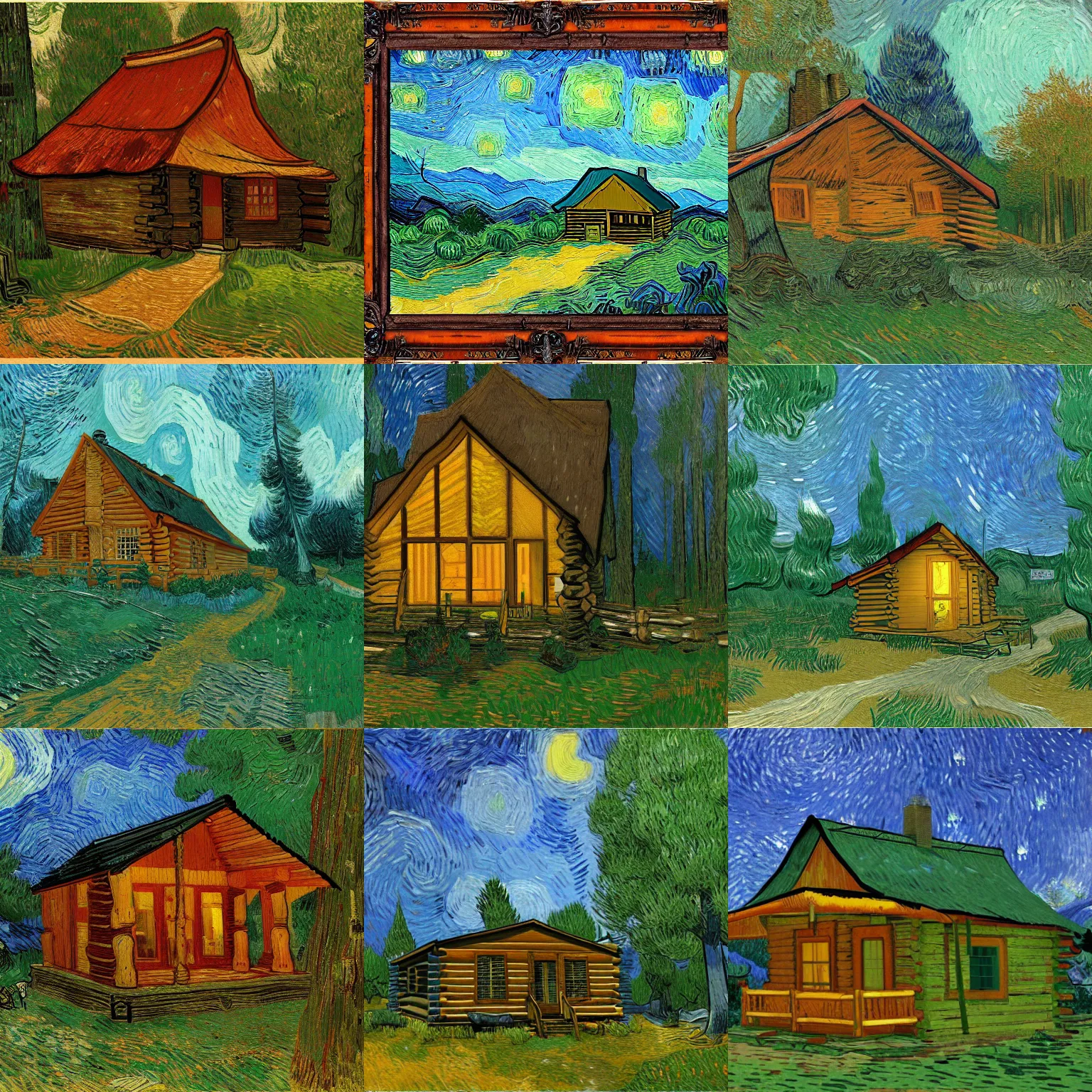 Prompt: [ a log cabin in the forest ] [ van gogh ] [ artstation ]