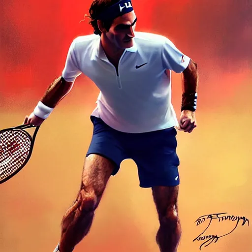 Image similar to roger federer playing tennis as a hero, picture by greg rutkowski, dynamic pose, intricate, futuristic, fantasy, elegant, by stanley artgerm lau, greg rutkowski, thomas kindkade, alphonse mucha, loish, norman rockwell,