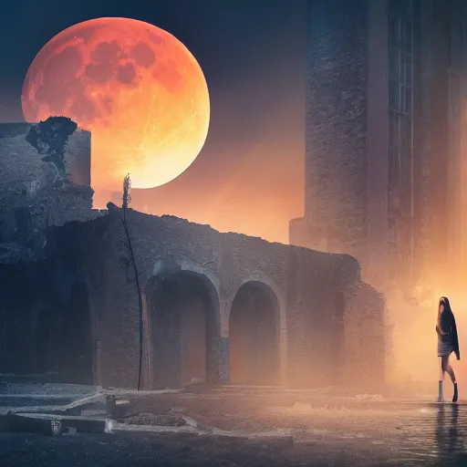 Prompt: A beautiful picture of a suicidal girl against the background of ruins of a destroyed city and a yellow -red moon, as move The Divide, extremely detailed, stunning volumetric lighting, atmosphere, hyper realism, fantasy 4k