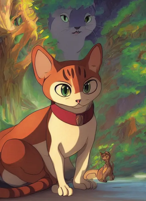 Image similar to official digital painting artwork of a cat character by don bluth, ross tran and studio ghibli.