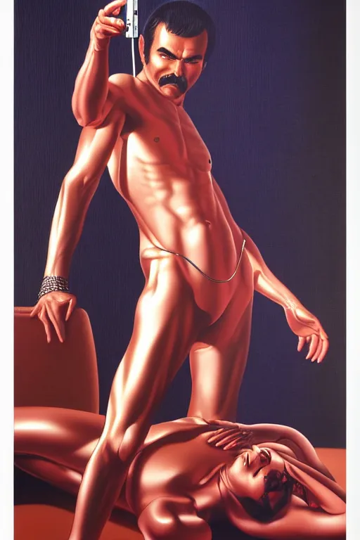 Prompt: burt Reynolds art by Hajime Sorayama and Artemisia Gentileschi, centered, symmetrical, led, red, bilateral symmetry, third person, 70s poster, blade runner, kubrik, 2D matte illustration