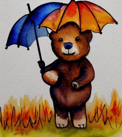 Image similar to autumn a bear with an umbrella cartoon watercolor by arti chauhan trending on artstation